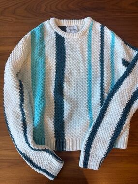 Stitches + Stripes Cream Knit Sweater with Teal & Navy Stripes small